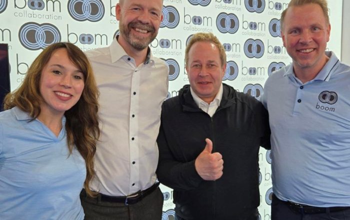 Holli Hulett, Co-founder Boom, Per Anderhagen Sales Director Intersonic AB,  Antti Rintamäki Head of Sales Intersonic OY och Fredrik Hörnkvist CEO & Co-founder